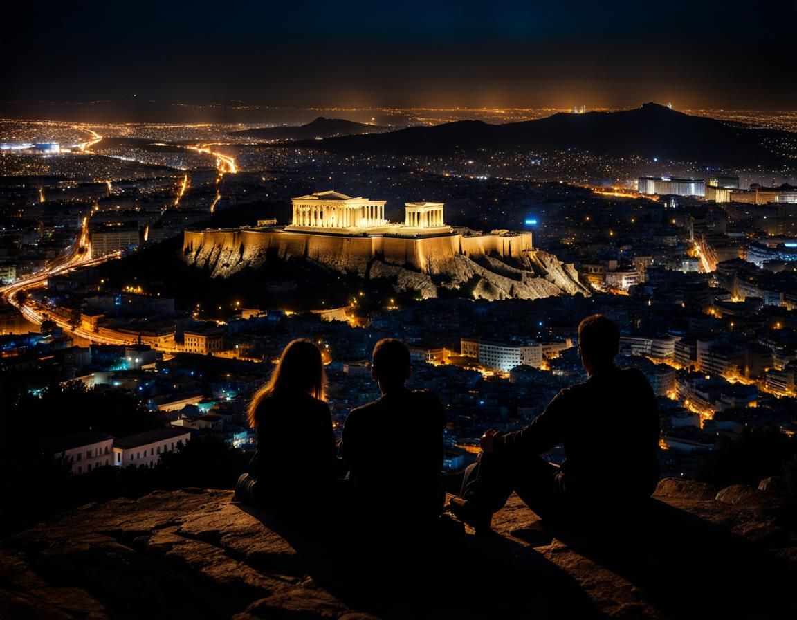 Athens Night Silhouette with Golden Glitter