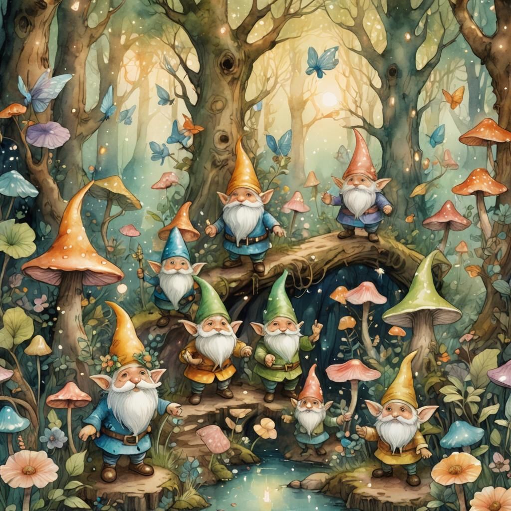 Pastel Forest Dance: Gnomes and Fairies in Alcohol Ink Style