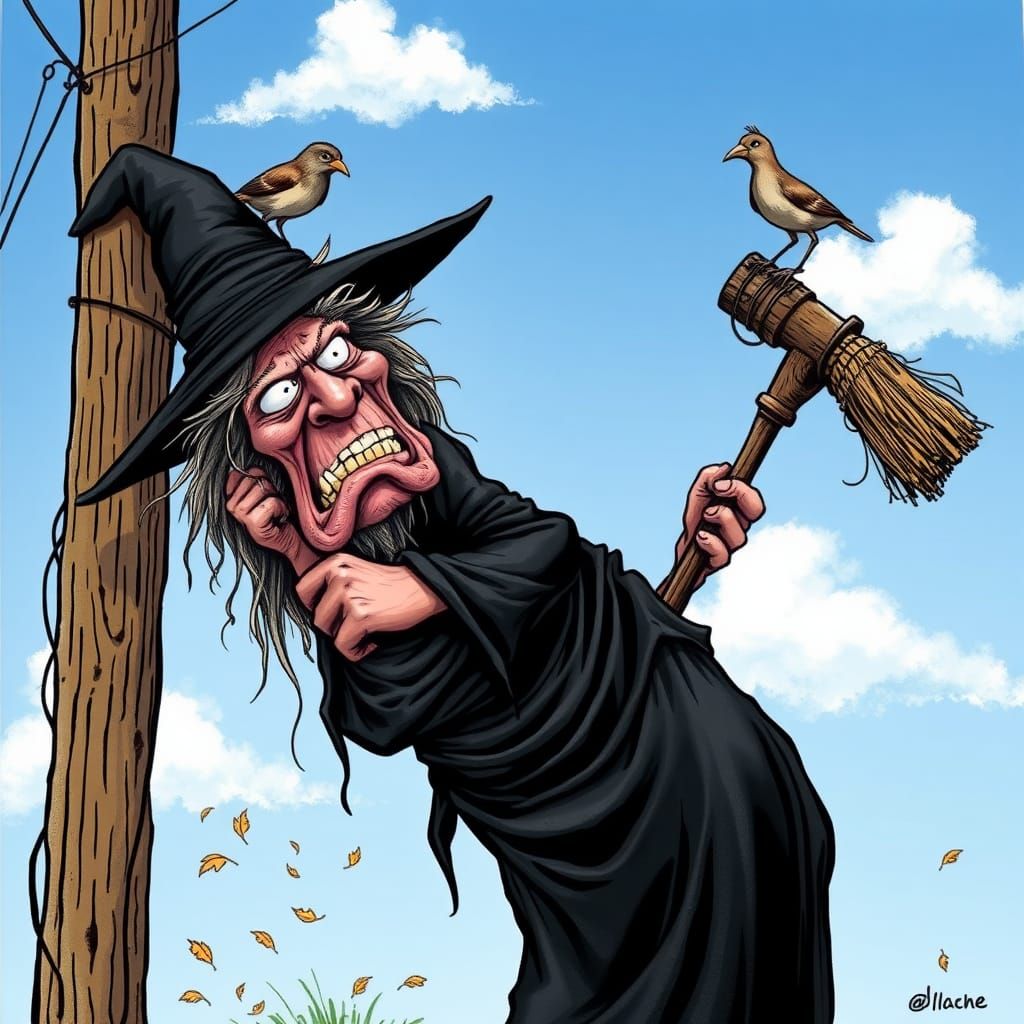Comically Disheveled Witch Tangled in Telephone Pole