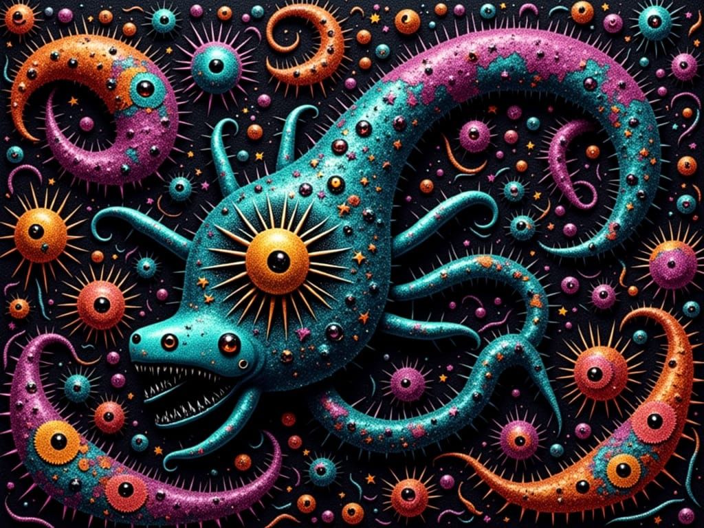 <lora:GLITTERGORE:1.0> I think I'm going out of my head carving into lacquered fabric layers embodied sgraffito adrift i...