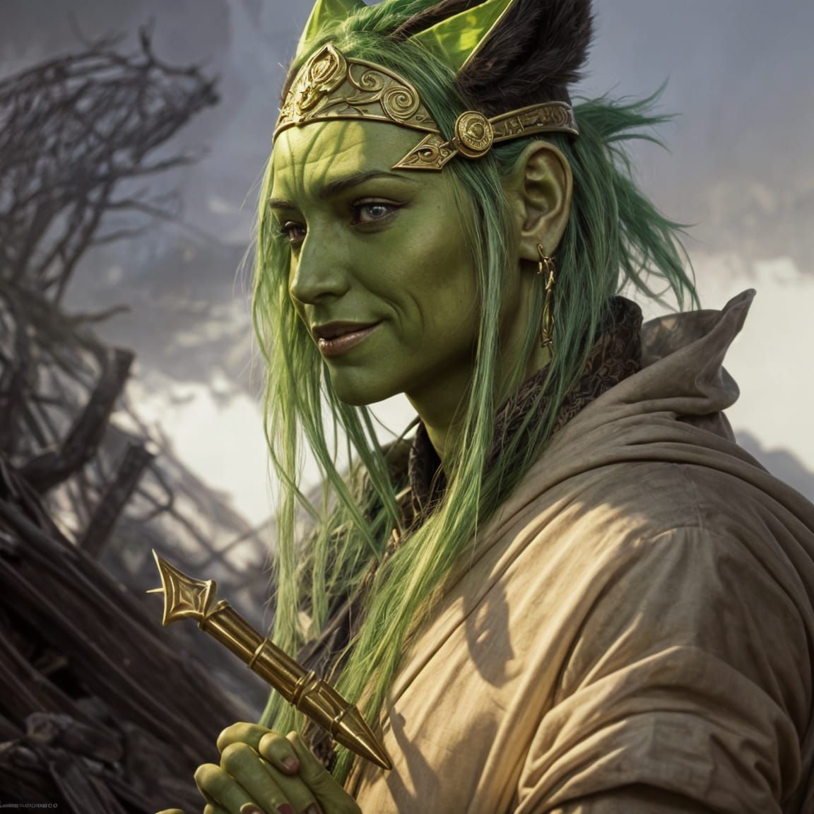 Fantasy Half-Orc Bard Portrait in Digital Art Style