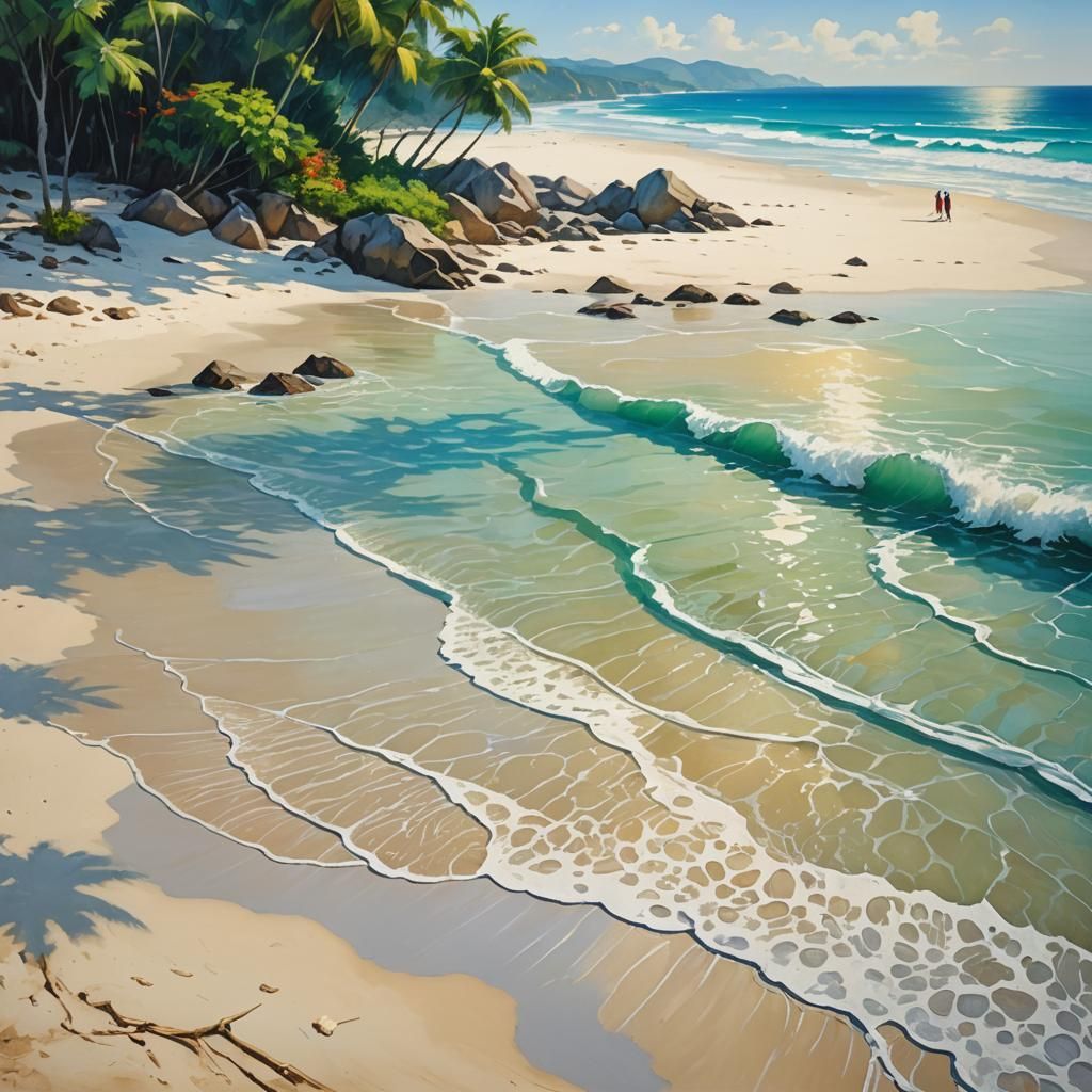Tropical Beach Neo-Impressionism in Gouache Watercolors