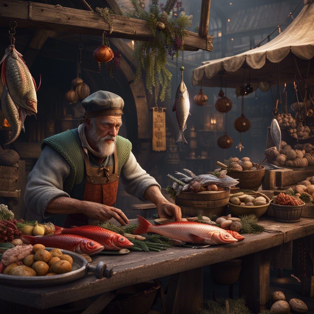 Medieval Market Fishmonger: Detailed Matte Painting