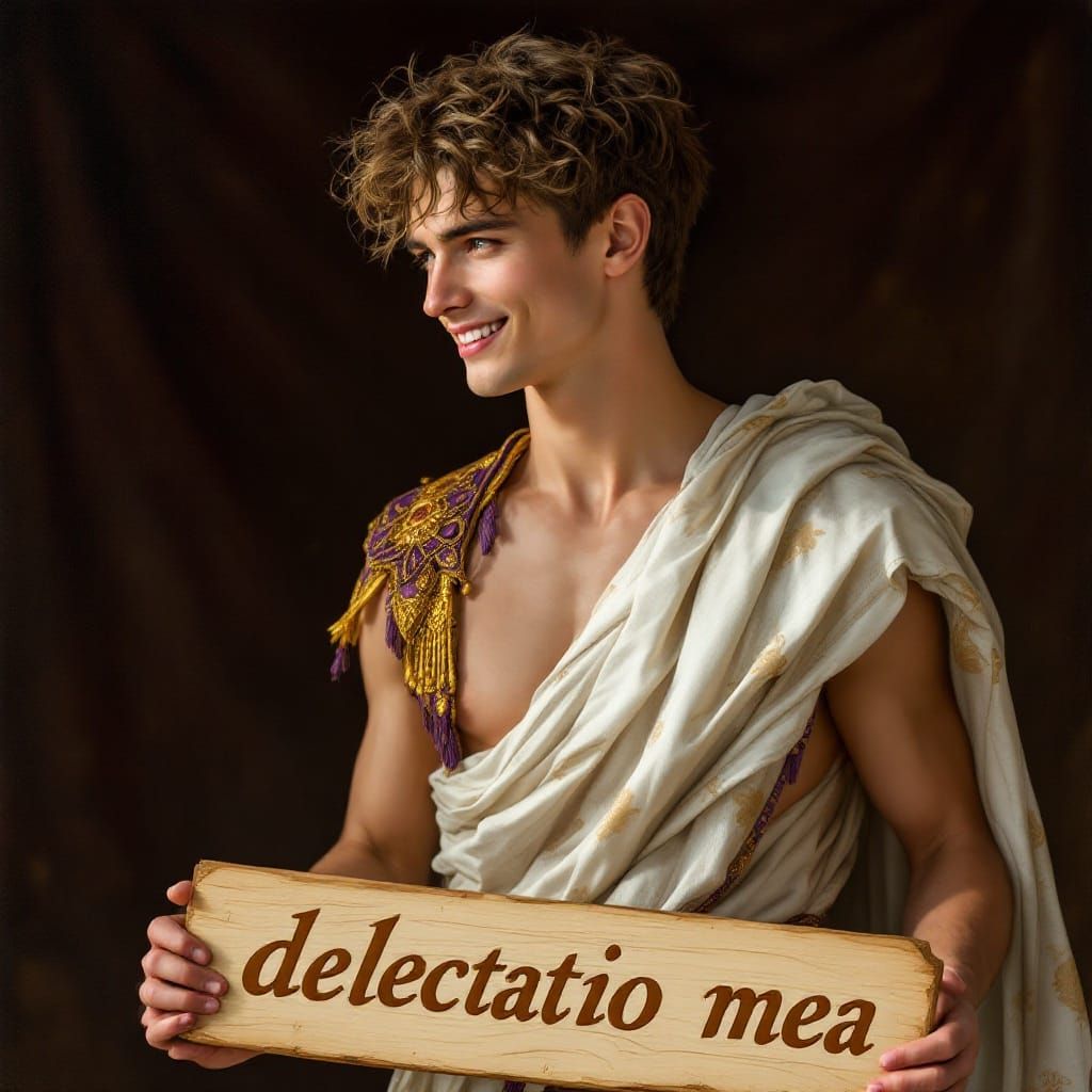 Elegant Young Roman in Ornate Toga with Warm Smile