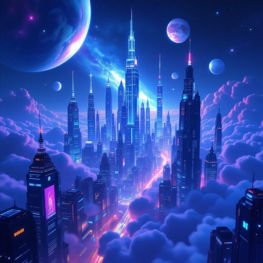 Cosmic Crystal Cityscape with Planets in Neon Light