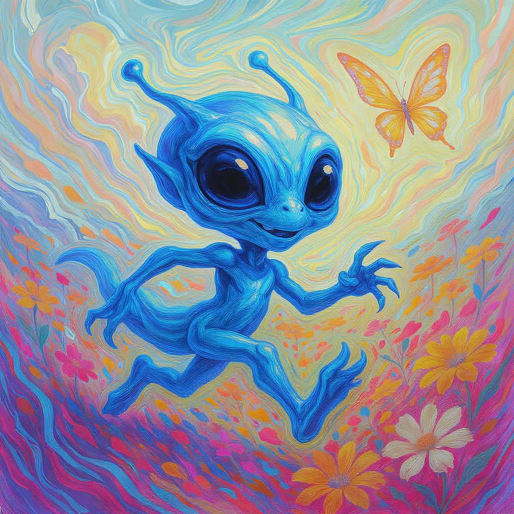 Whimsical Alien Chasing Butterfly in Wildflower Field