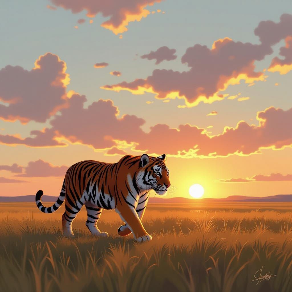 Tiger Silhouetted on Plains at Sunset: Digital Art