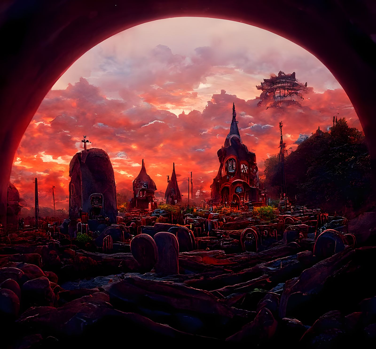 Macabre Graveyard Village in Ghibli Style