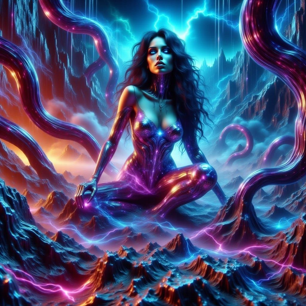 Ferrofluid Siren in a Cyberpunk Tesseract