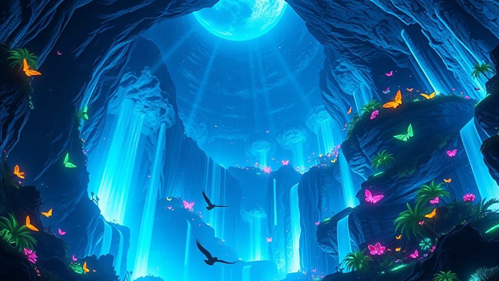 Ethereal Bioluminescent Wonders in a Celestial Cavern