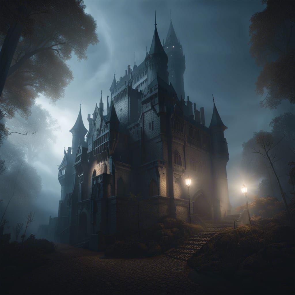 Fog Shrouded Gothic Castle in Dark Fantasy Style