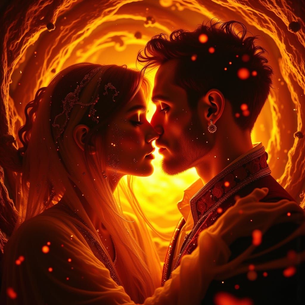 Glowing Amber and Red Tunnel of Love in Art Nouveau Style