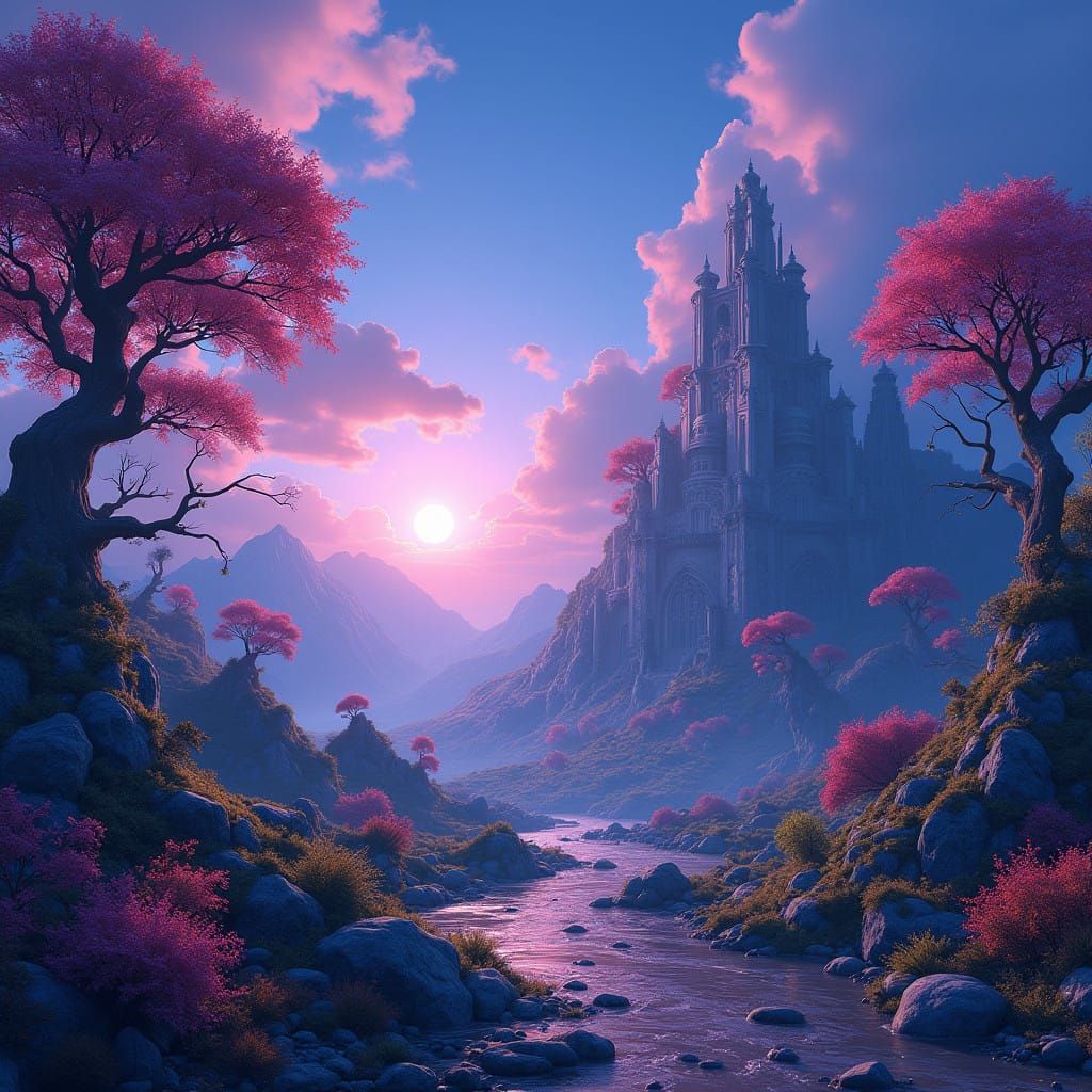 Glowing Fantasy Realm in Deep Purple Skies