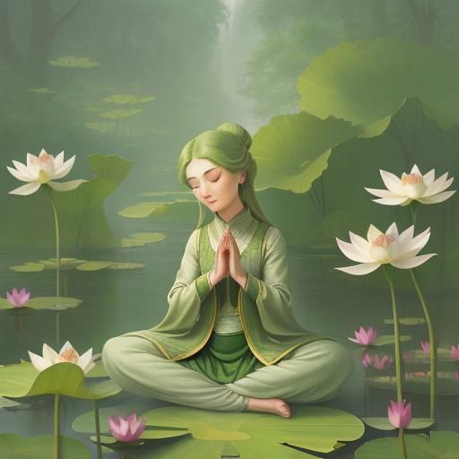 A flat icon of a little woman in a lotus pose, nature green and beige