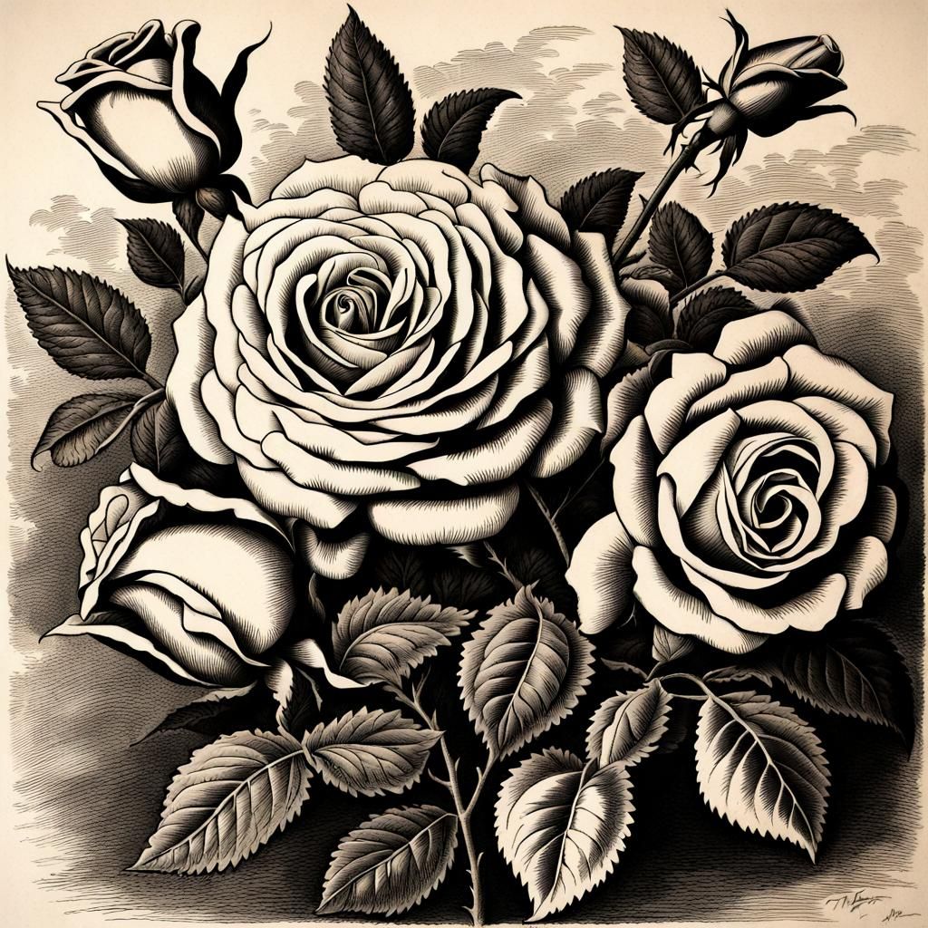 Elegant Victorian Rose Bouquet in Wood Engraving Style