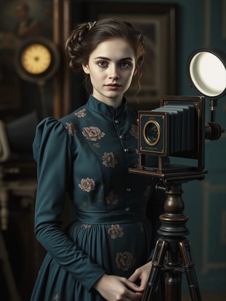 Gorgeous Photographer in Teal Dress with Camera Obscura