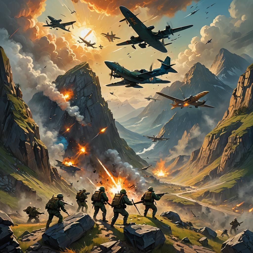 Epic Mountain Battle Scene with Aerial Dogfight