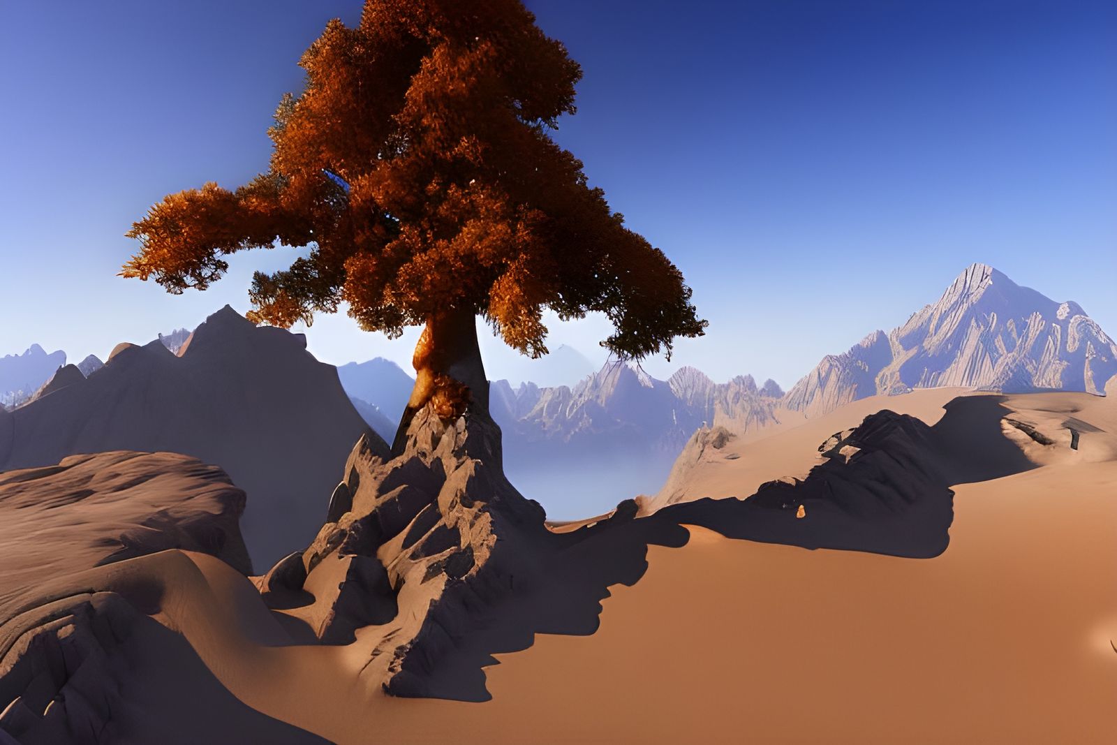 Magical Tree Surrounded by Floating Crystals