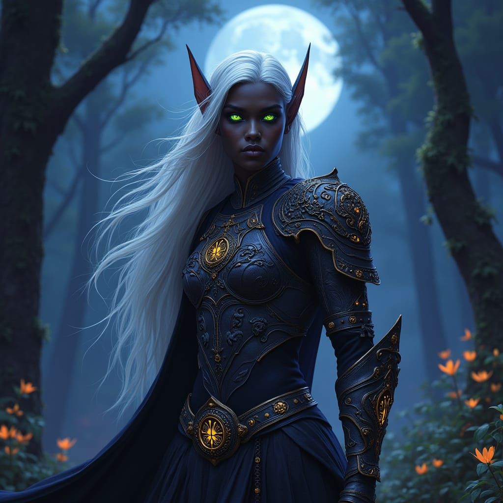 Ebony Elf in Bioluminescent Forest, Dark Fantasy Art