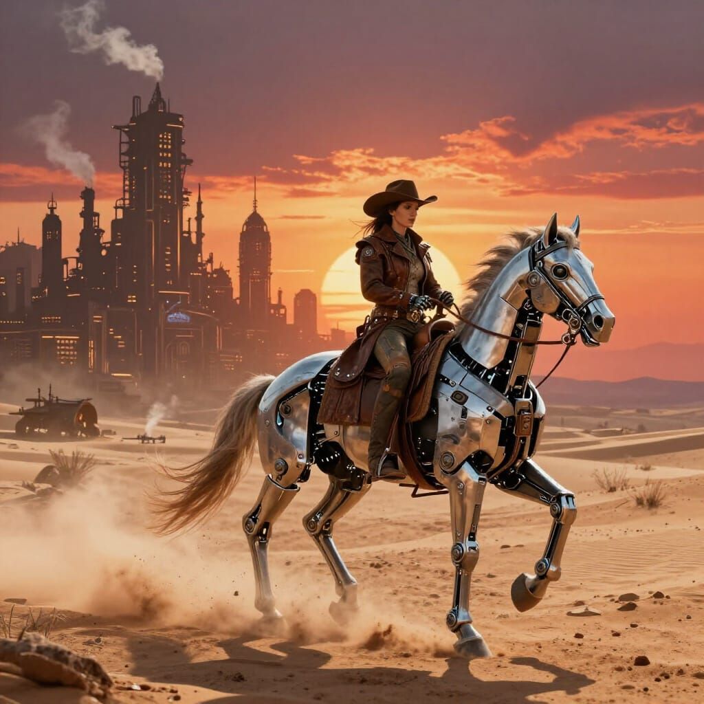 Futuristic Cowboy Rides Mechanical Horse to Steampunk City