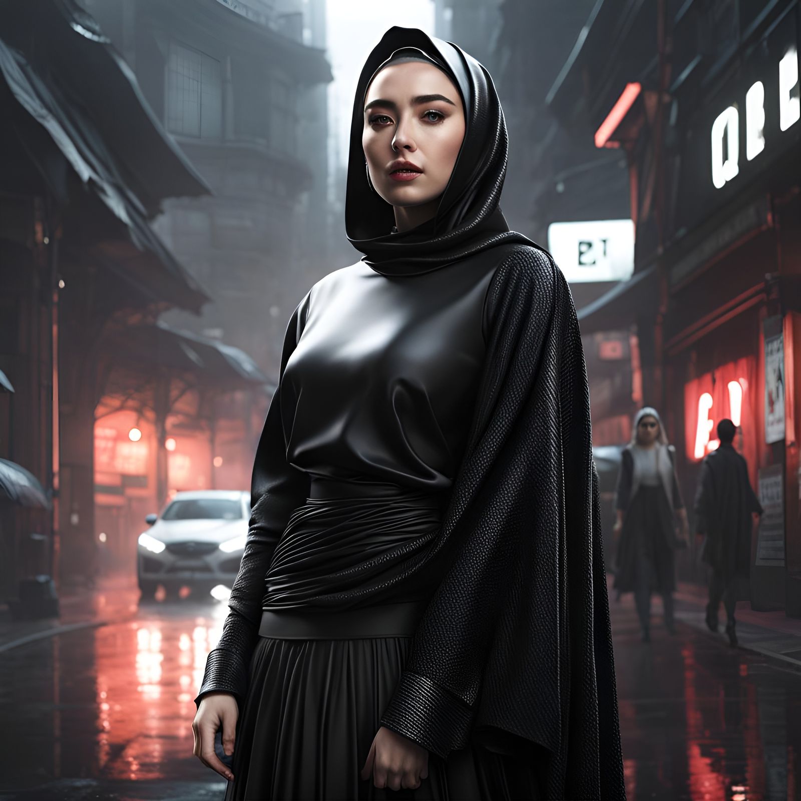 Cyberpunk City Girl in Black and White Hijab