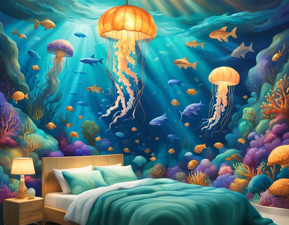 Underwater Ocean Mural with Sea Life: Oil Painting