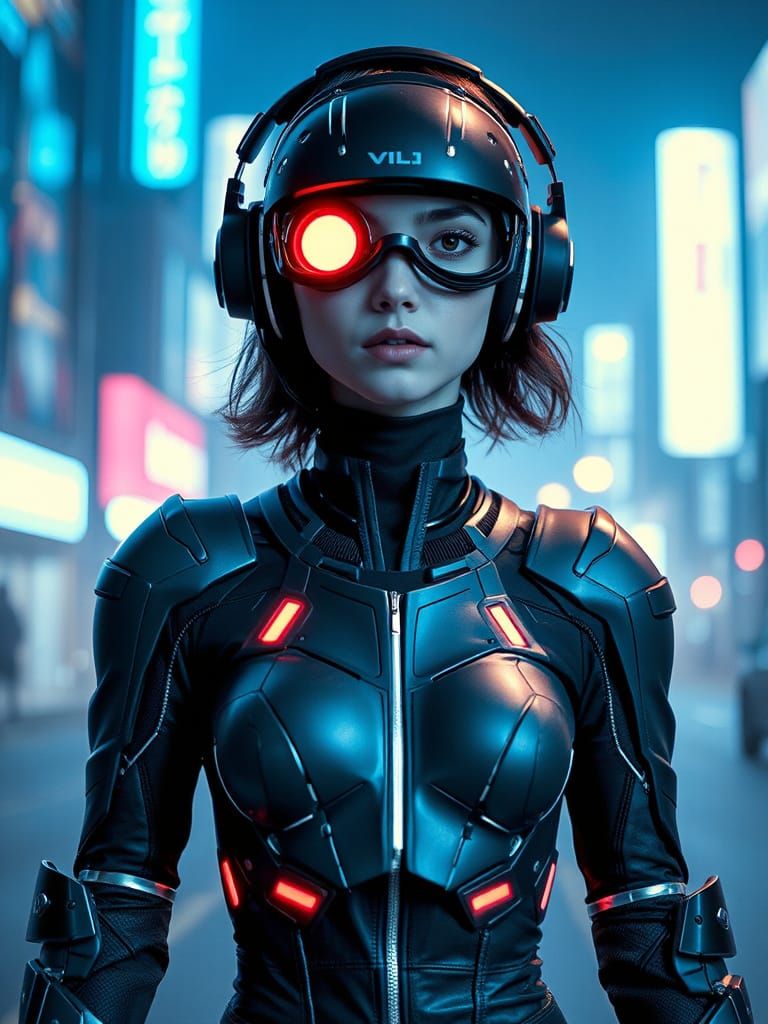 Cyberpunk Woman in Metallic Bodysuit with Glowing Visor
