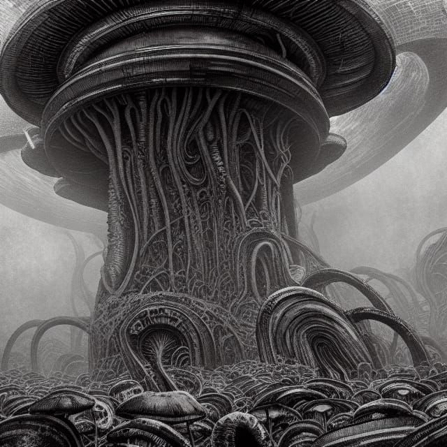 Mushroom City Line Art in Grayscale