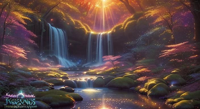 Fantasy Forest with Autumn Sunset and Magic Mist