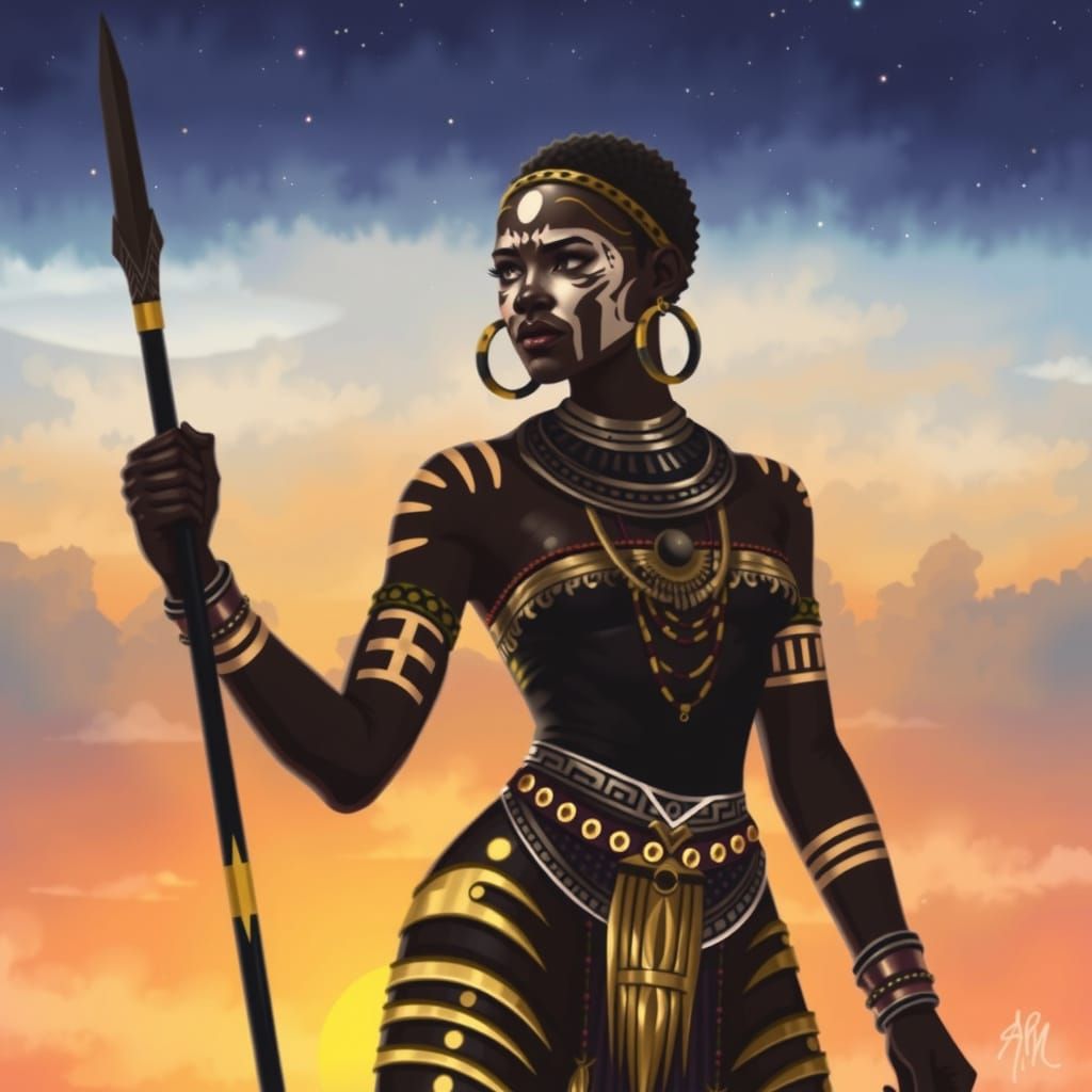 Regal African Warrior Woman in Silhouette with Tribal Paint