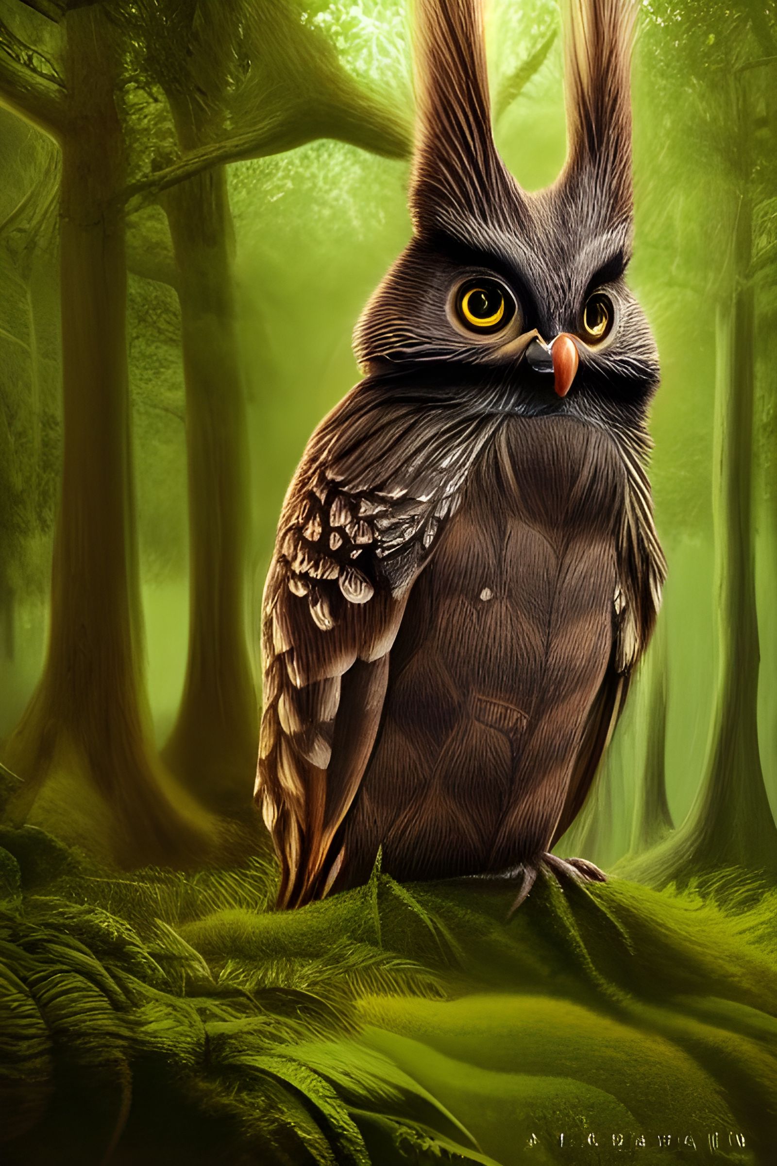 Giant Morepork in Lush Forest: 3D Airbrush Art