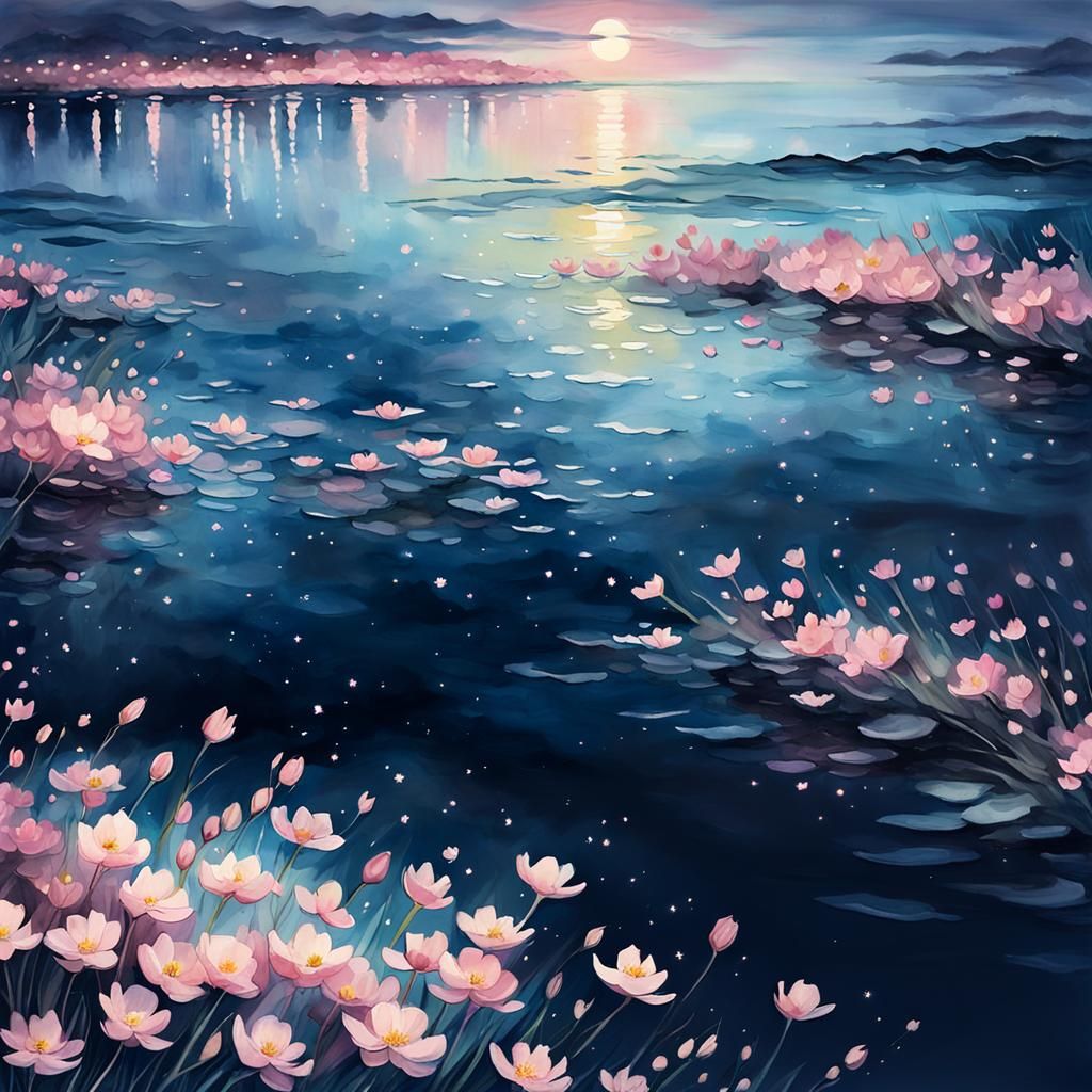 Ocean of Pink Flowers at Night in Watercolor Style