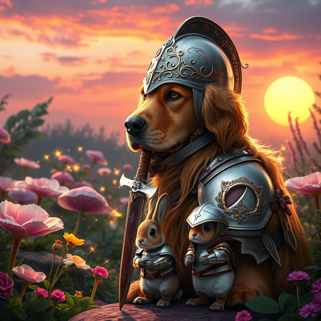 Golden Retriever Knight Guards Enchanted Garden