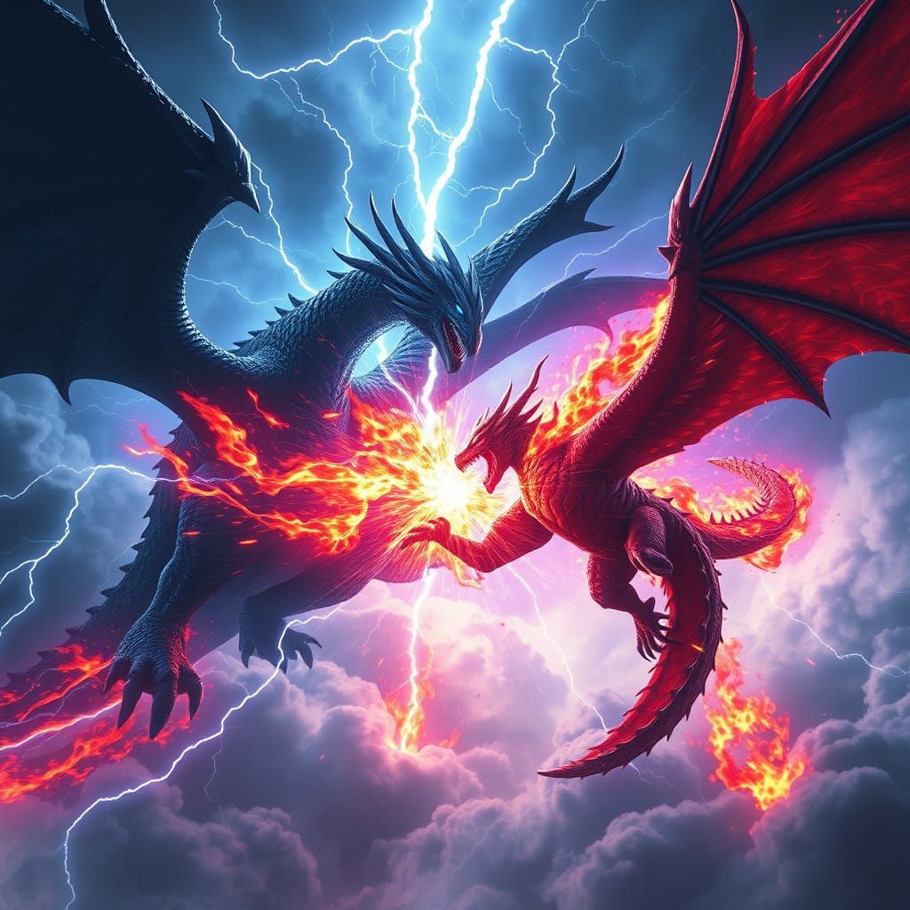 Dark Blue Wyvern Unleashes Lightning on Crimson Red Wyvern i...