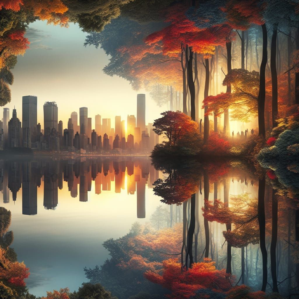 City Dusk Reflection of Autumn Forest