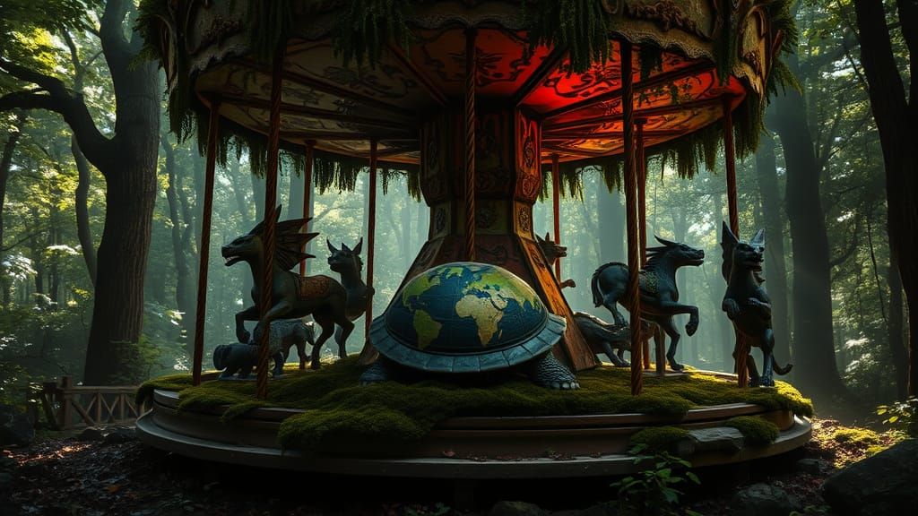 Enchanted Forest Carousel with Stone Gargoyles