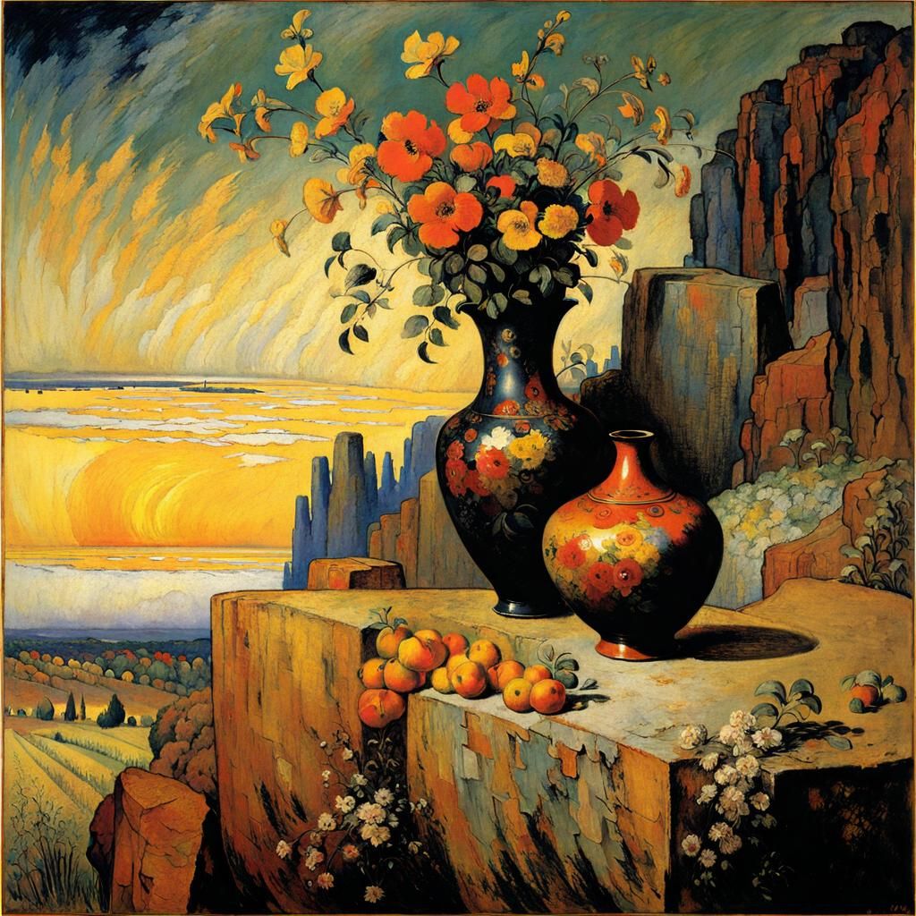 Vases in Ochre Sunrise, Color Print Art