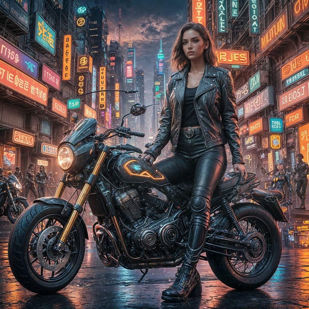 Futuristic Girl on Motorcycle in Neon City