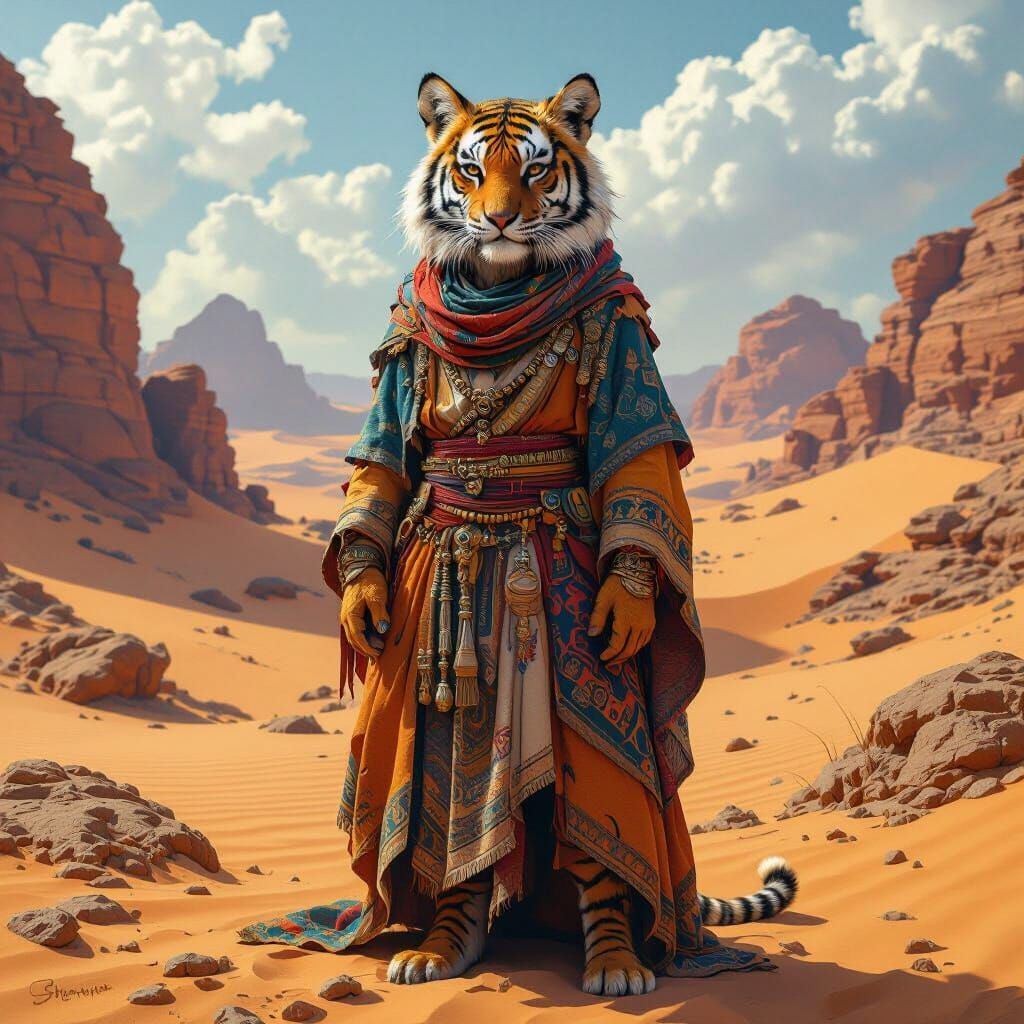 Tiger-Jerboa Hybrid in Sahara, Matte Painting Style