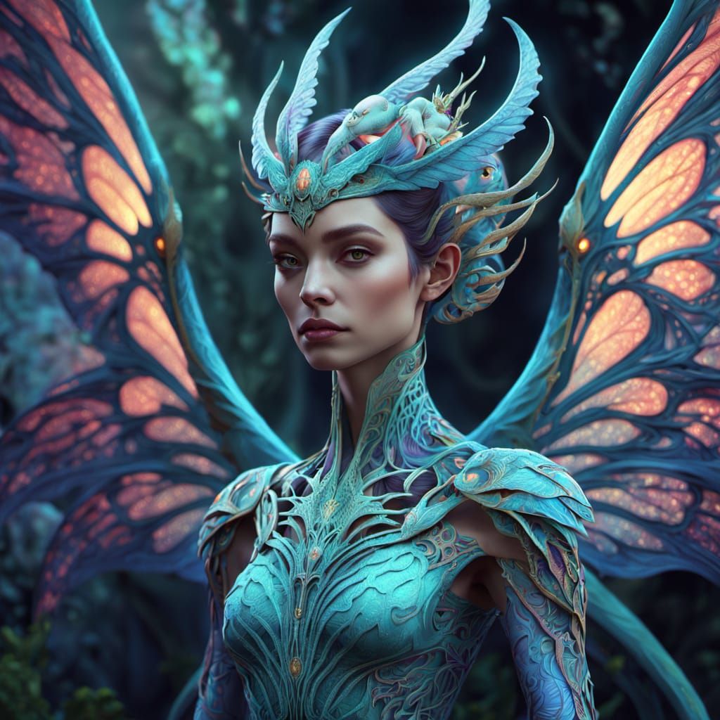 Alien Fairy Queen with Dragon in Art Nouveau Style