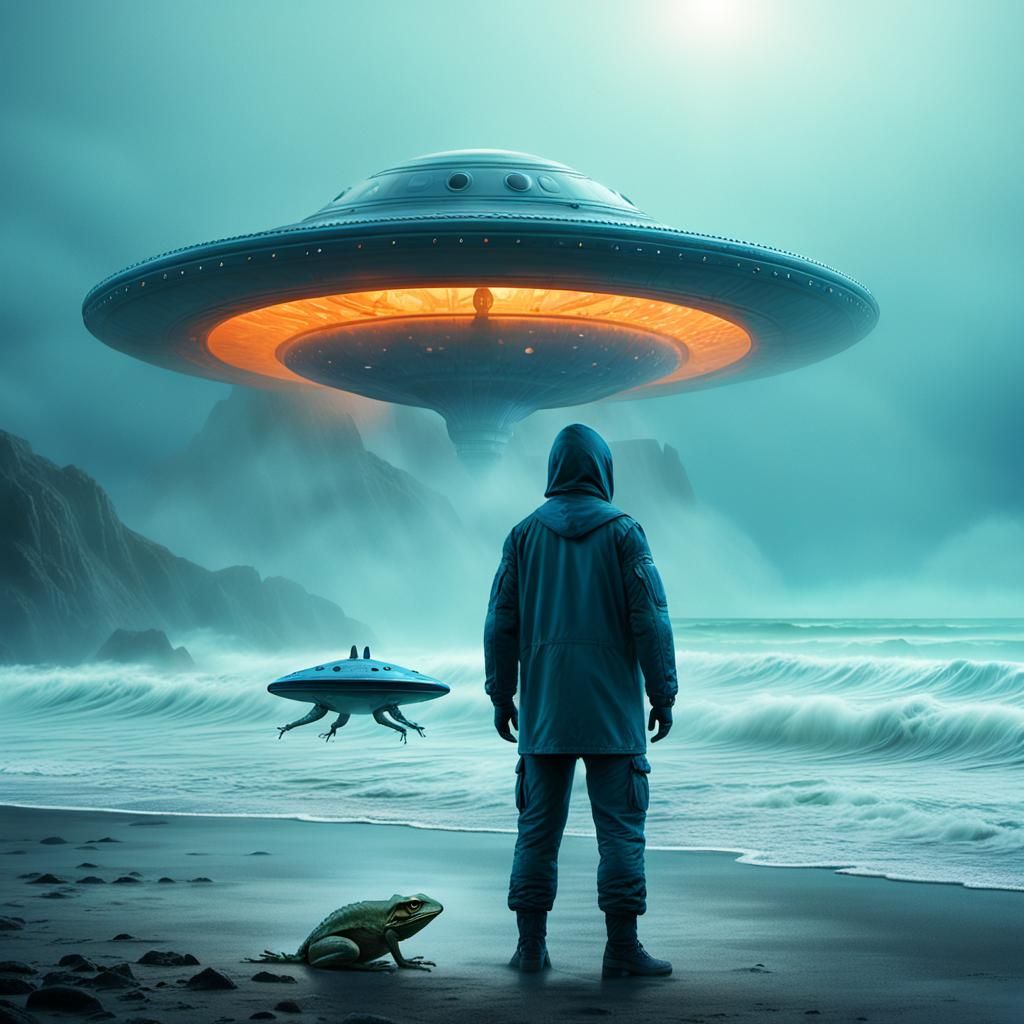 Alien Frog Man and UFO: Cinematic Matte Painting