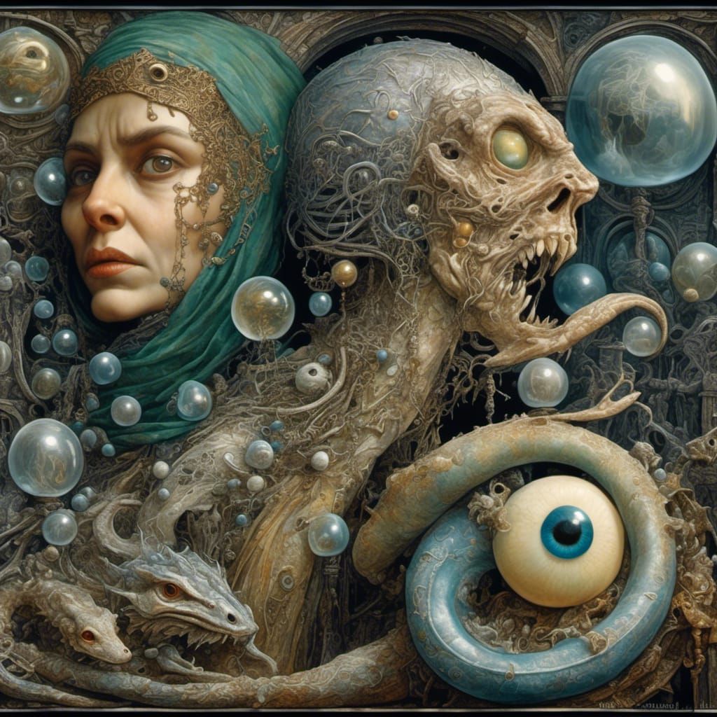 Surreal Woman with Eel in Art Nouveau Style