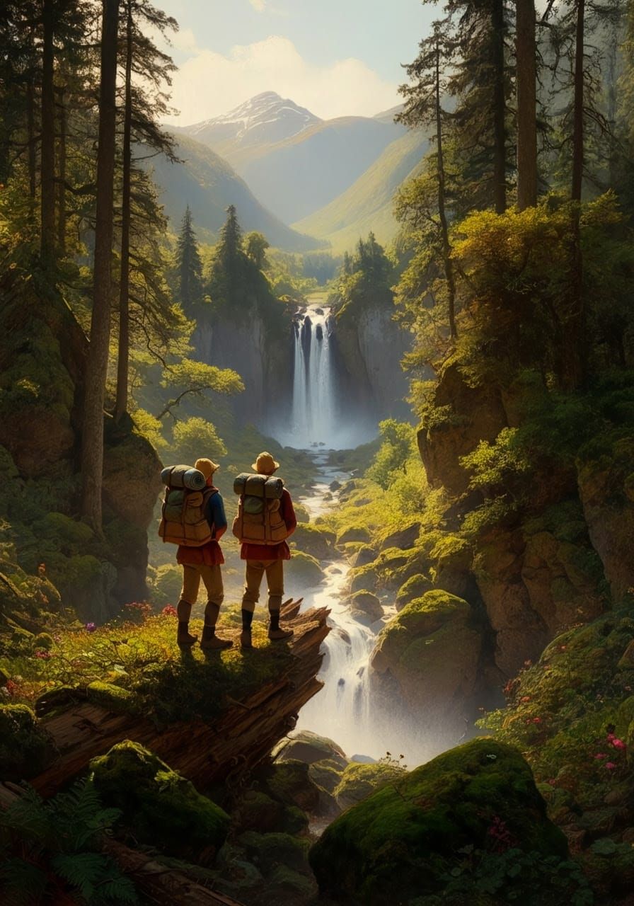 Sweeping Landscape with Cascading Waterfall and Towering Tre...