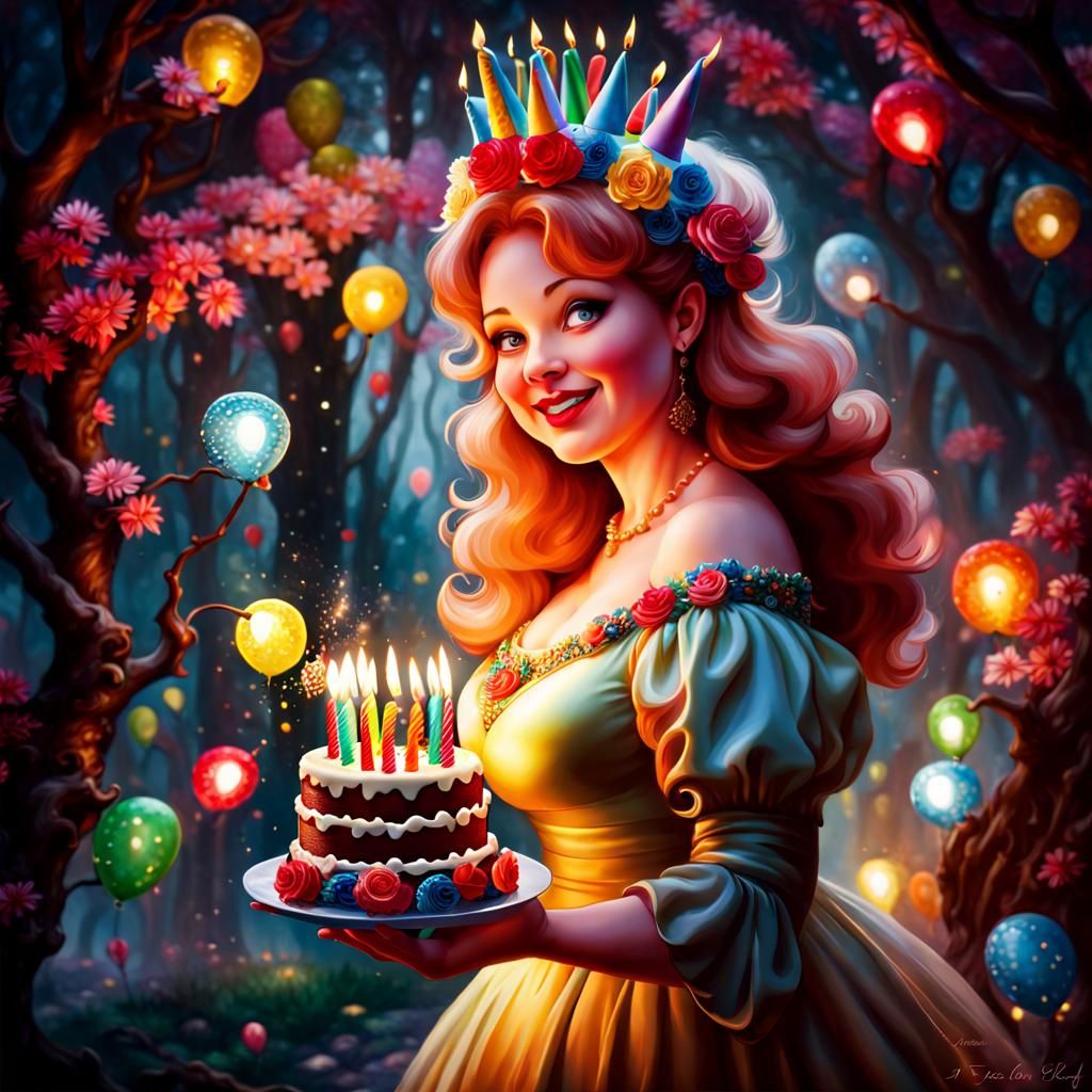 Chubby Woman Presents Birthday Cake: Fantasy Art