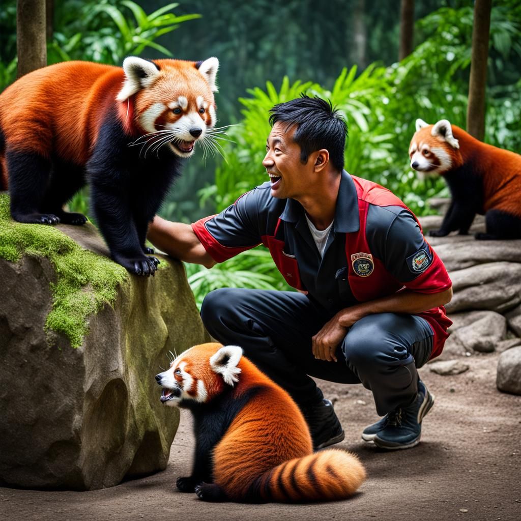 Zookeeper Plays with Red Pandas as Impasto Painting