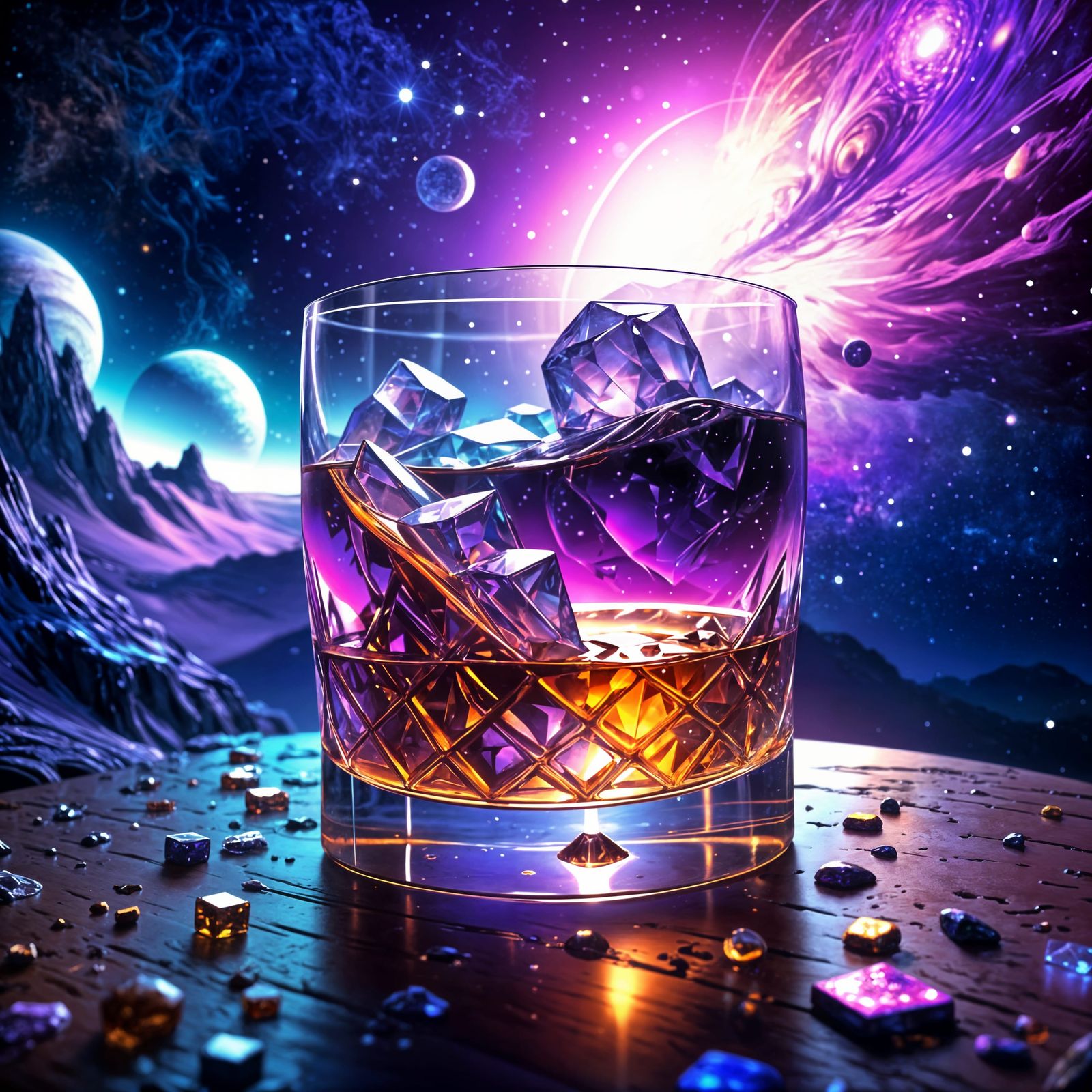 Cosmic Whisky Glass: Holographic Astral Illustration
