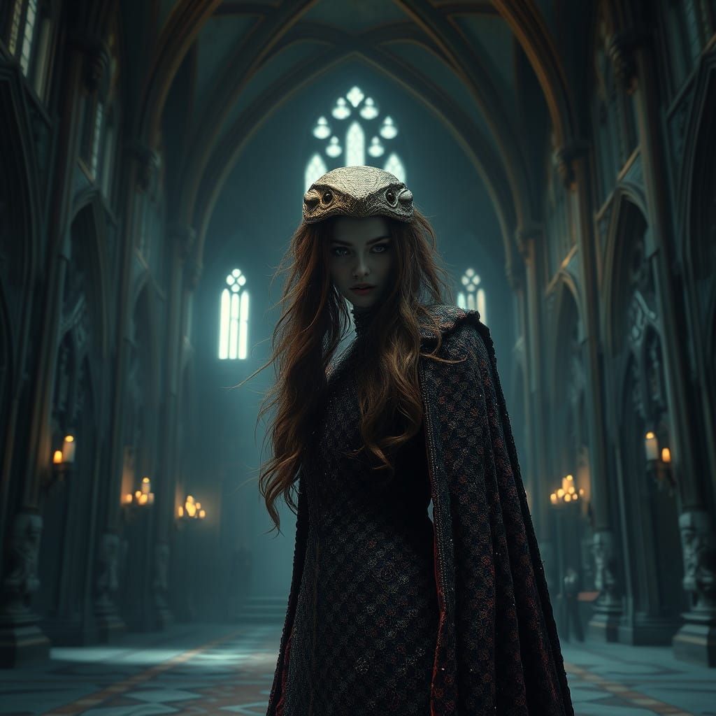 Mystical Snake Queen in Dark Fantasy Gothic Castle