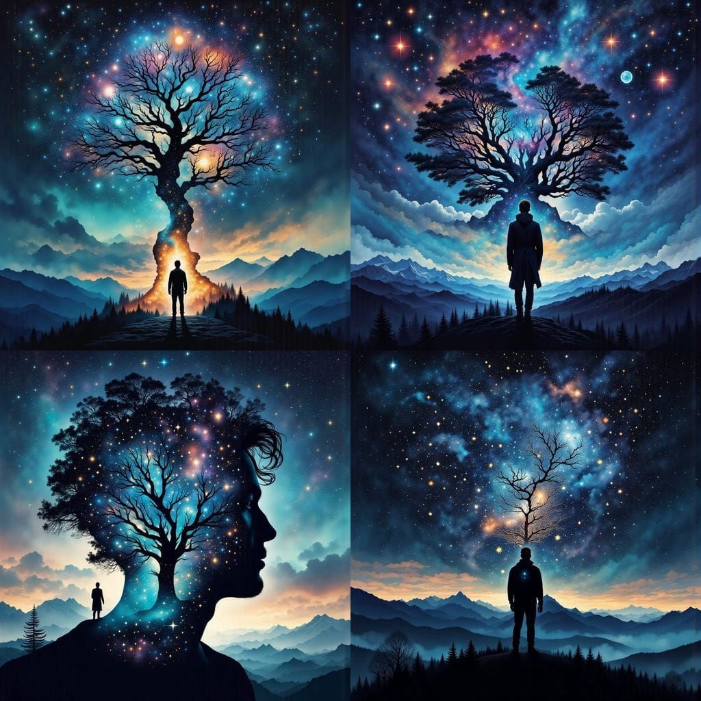 Cosmic Tree of Life Silhouette in Astral Light