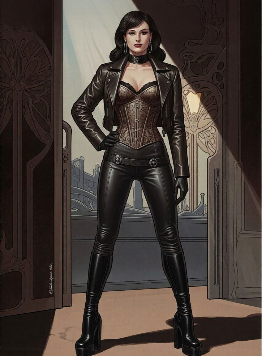 Elegant Woman in Leather, Noir Art Style