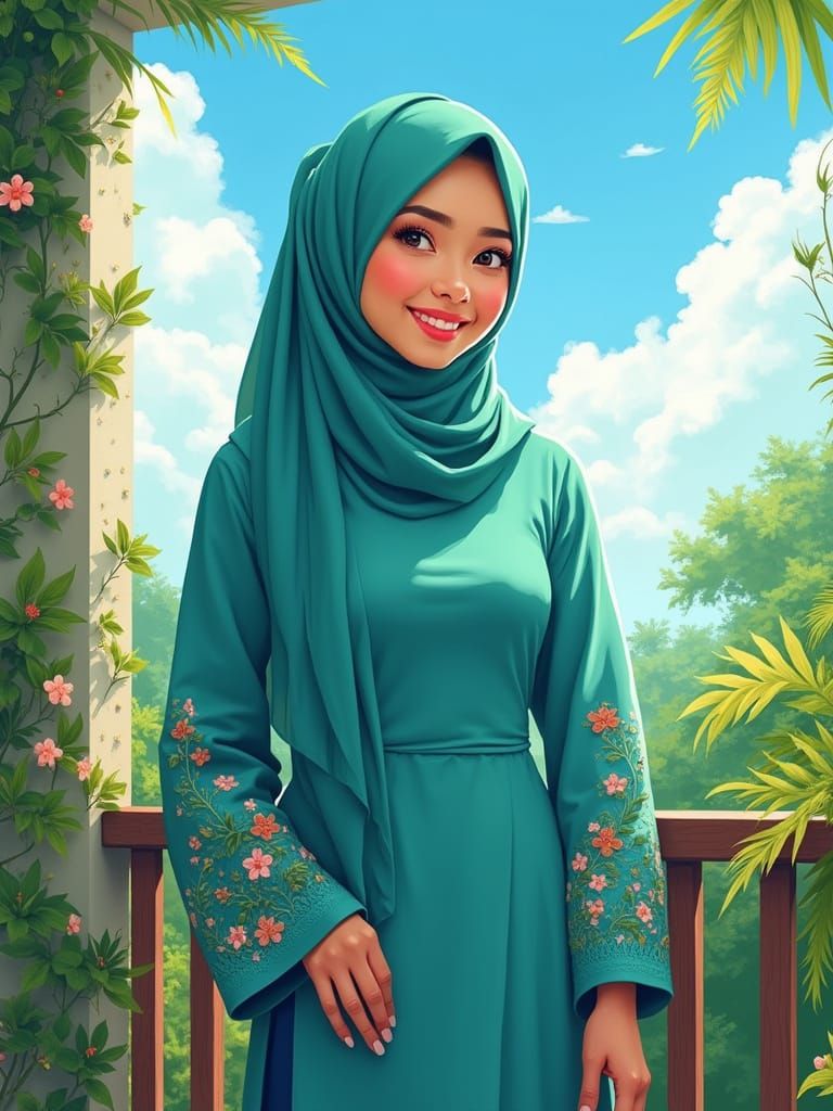 Vibrant Young Woman in Teal Traditional Attire amidst Lush G...